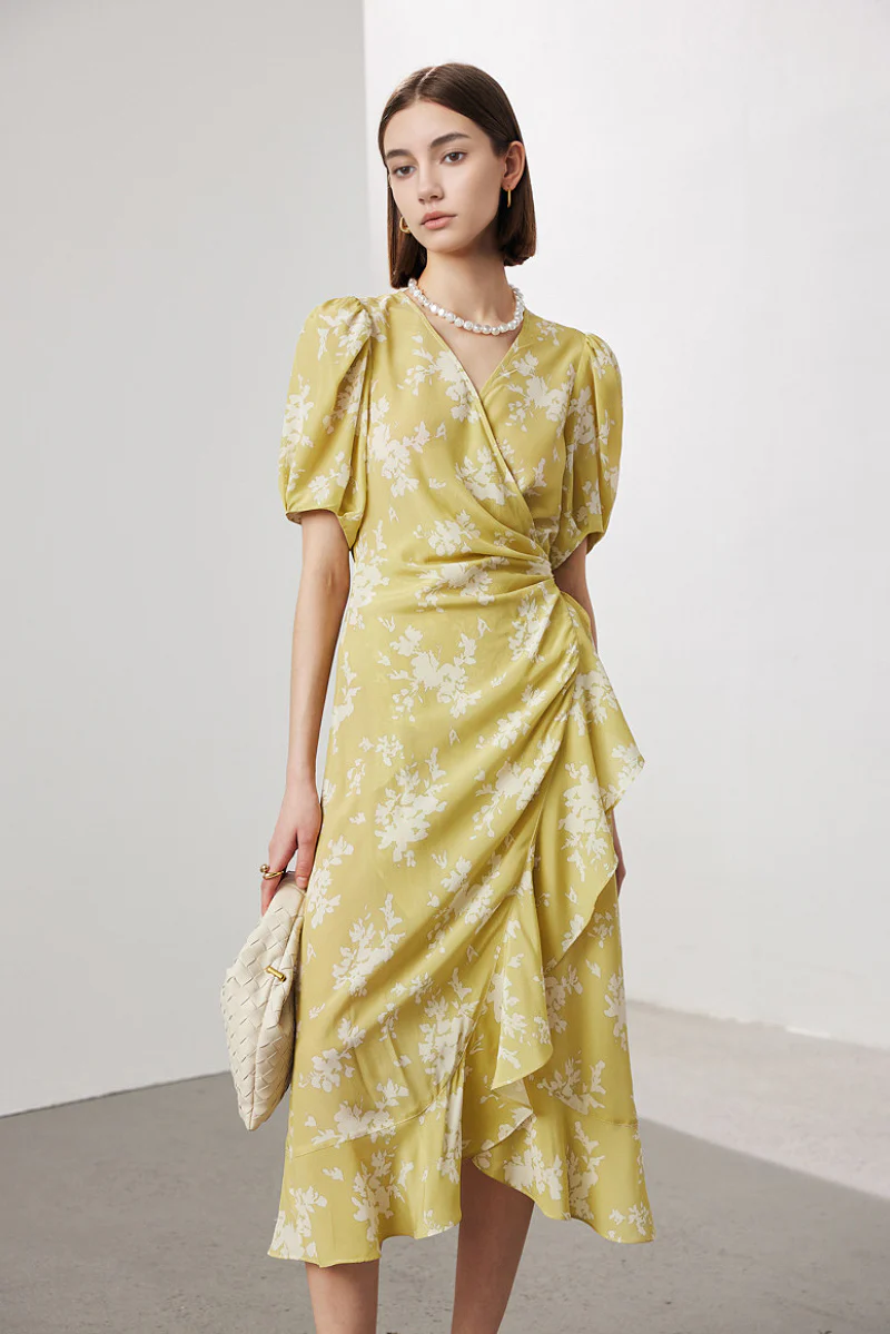 100 Mulberry Silk Floral Puff-Sleeve V-Neck Ruffle Wrap Midi Dress - HBQMJX