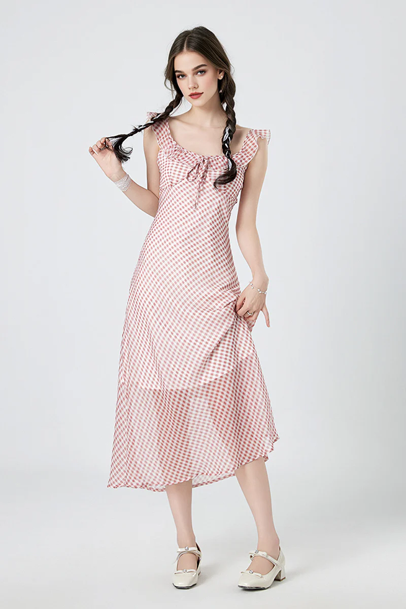 Picnic Gingham Tie-Front Ruffle-Neck Midi Dress - HBQMJX