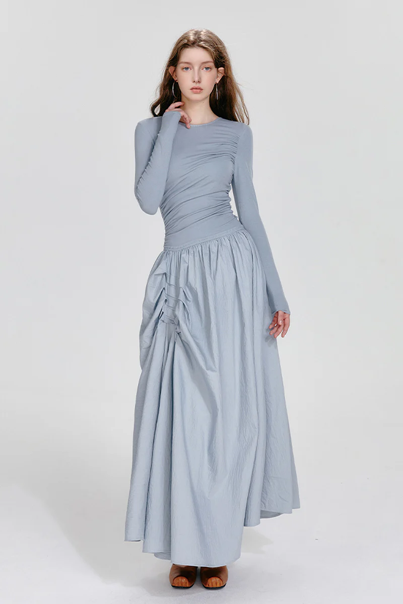 Blue Long-Sleeve Ruched Fit & Flare Maxi Dress - HBQMJX