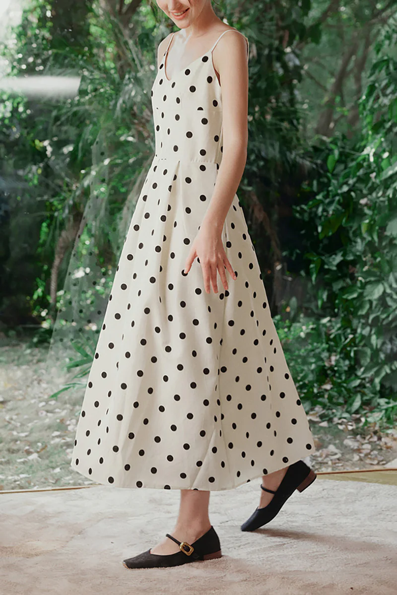 White Polka-Dot Spaghetti-Strap Midi Dress - HBQMJX
