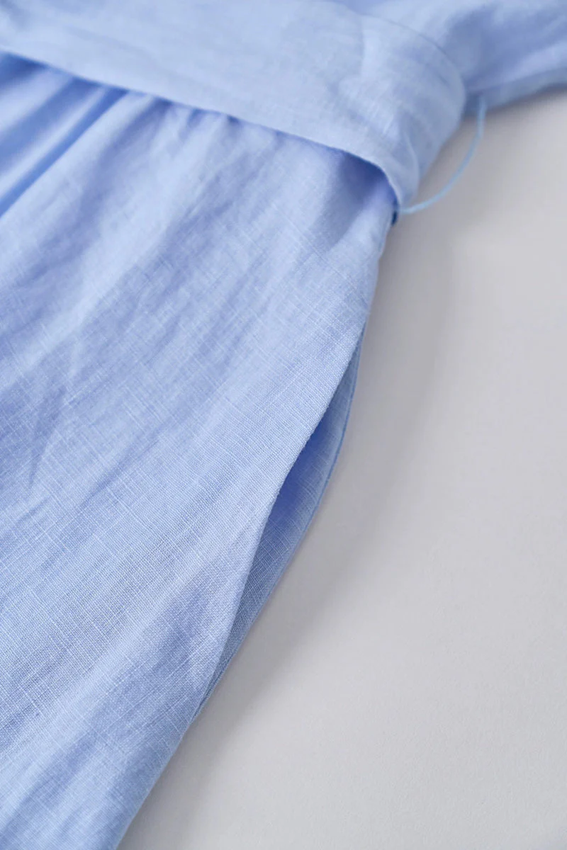 Baby Blue 100 Linen Cap-Sleeve Button-Front Belted Midi Dress - HBQMJX