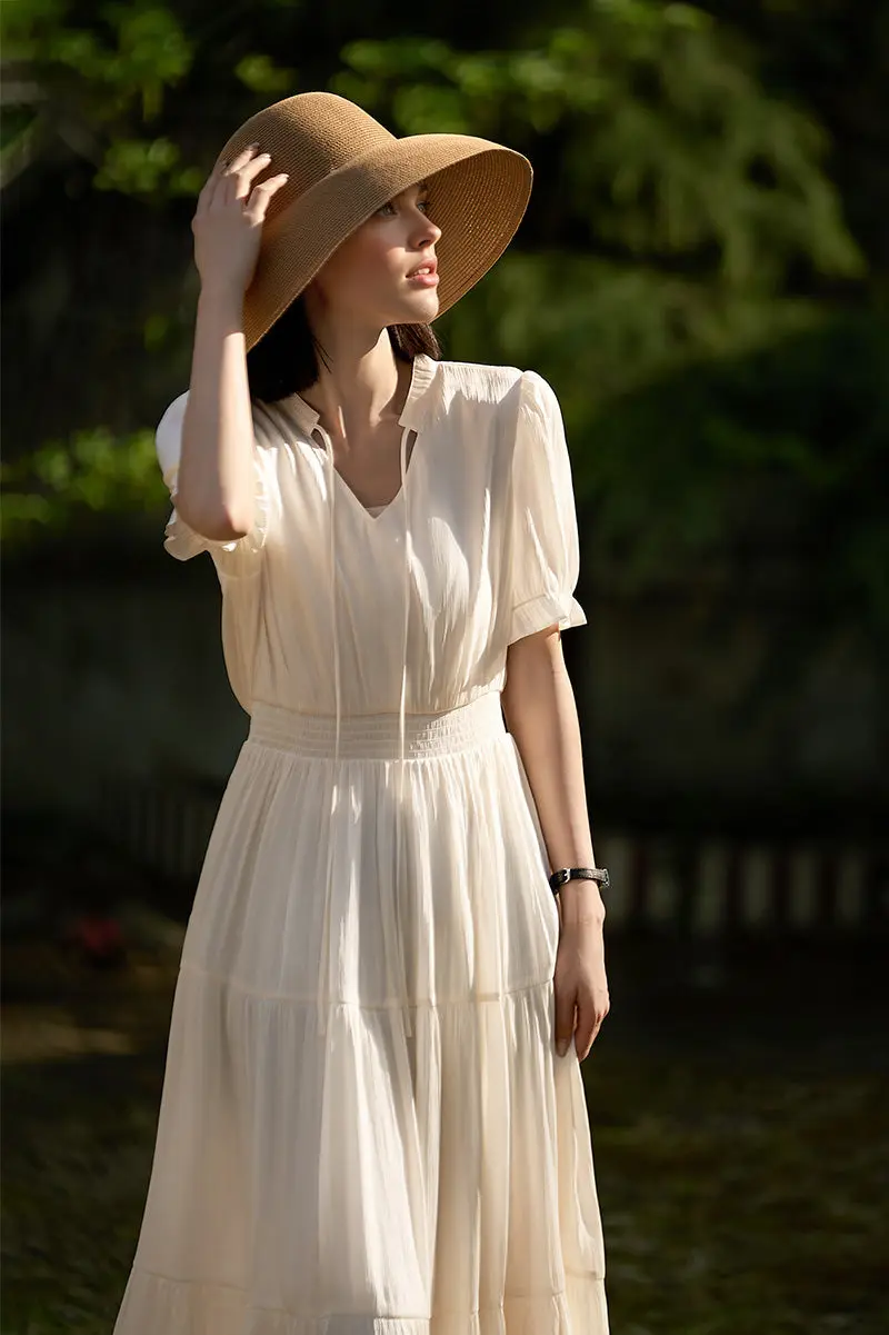 White Silky Tiered Puff-Sleeve Maxi Dress - HBQMJX