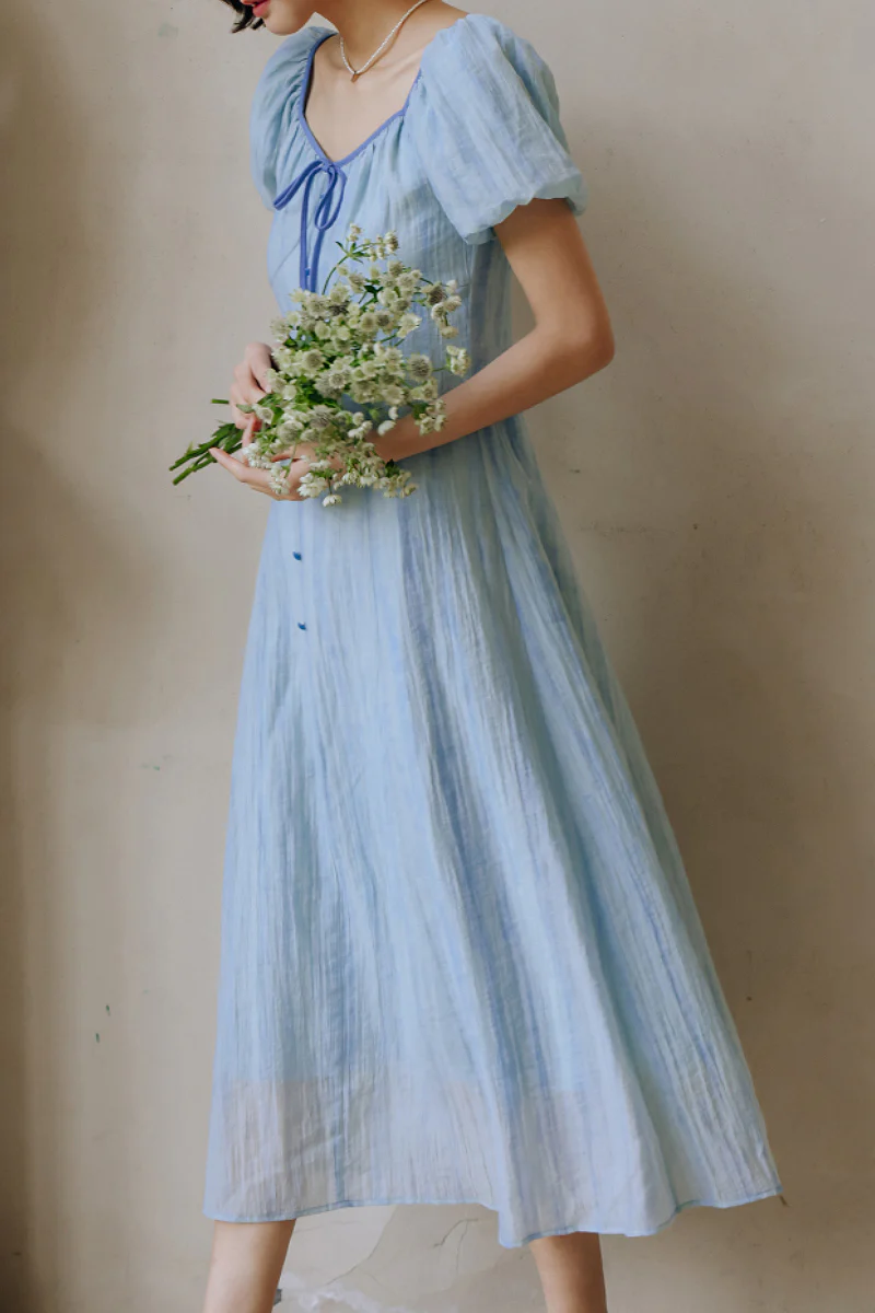 Baby Blue Lyocell V-Neck Puff-Sleeve Midi Dress - HBQMJX