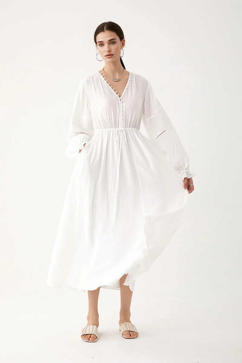 White Lantern-Sleeve V-Neck Midi Dress - HBQMJX