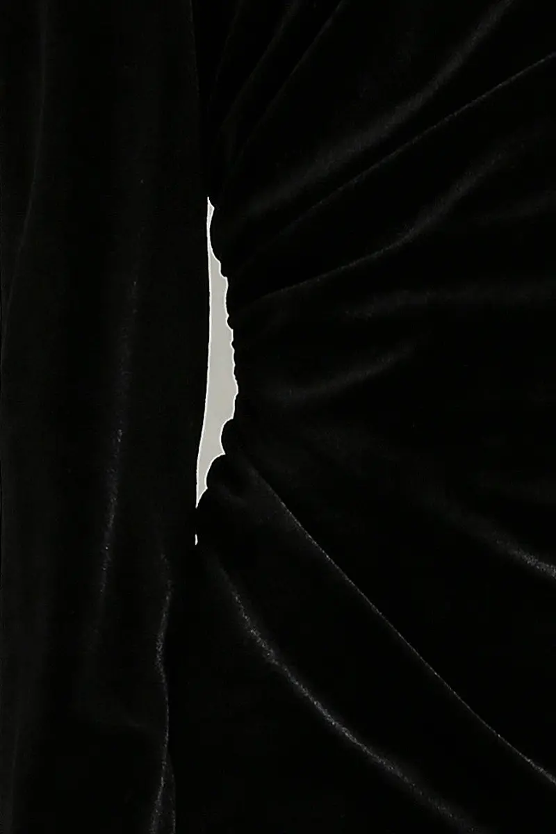 Black Long Sleeve Velvet Midi Dress with Ruched Neck and Front Slit - HBQMJX