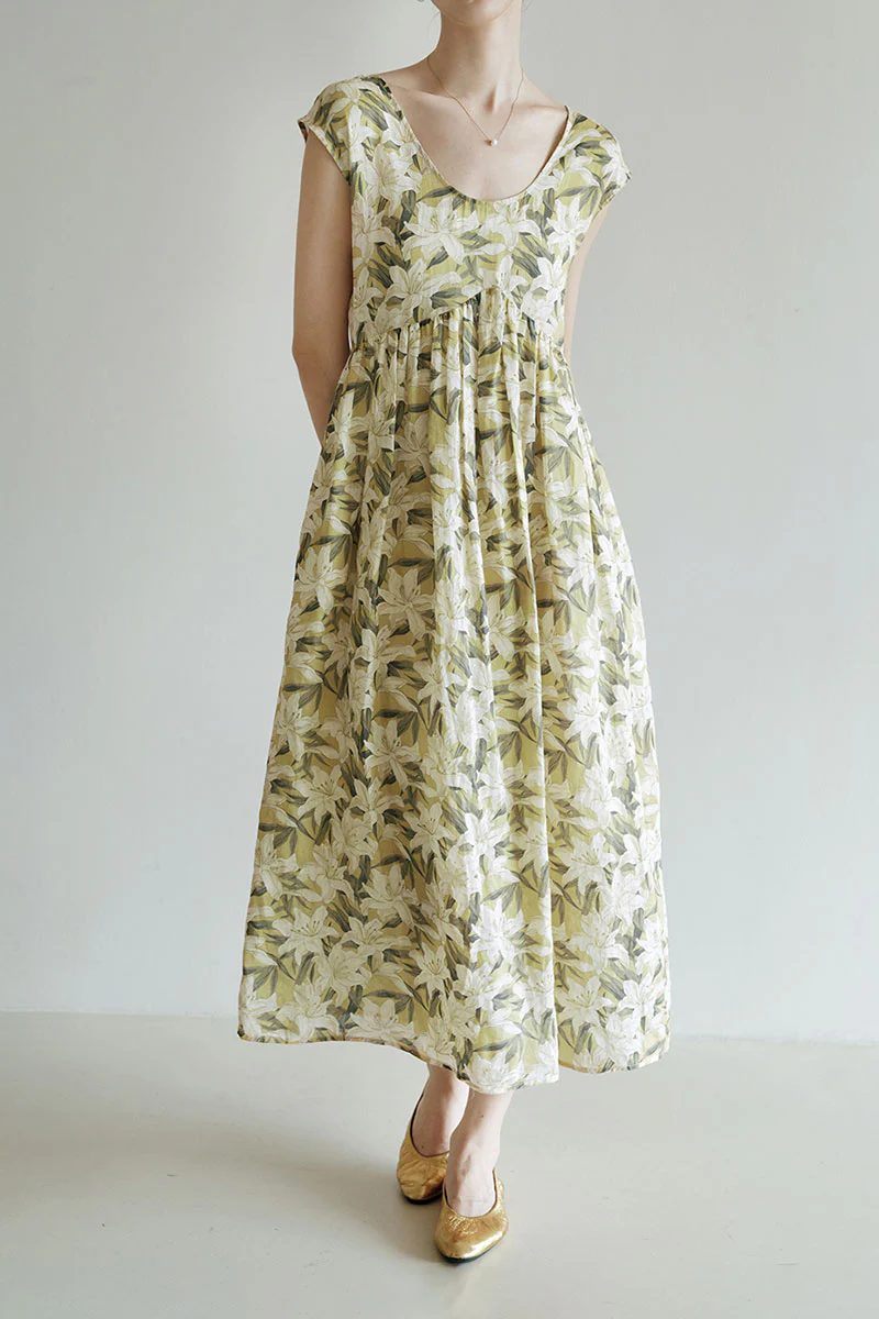Pure Ramie Floral Sleeveless Scoop-Neck Midi Dress - HBQMJX