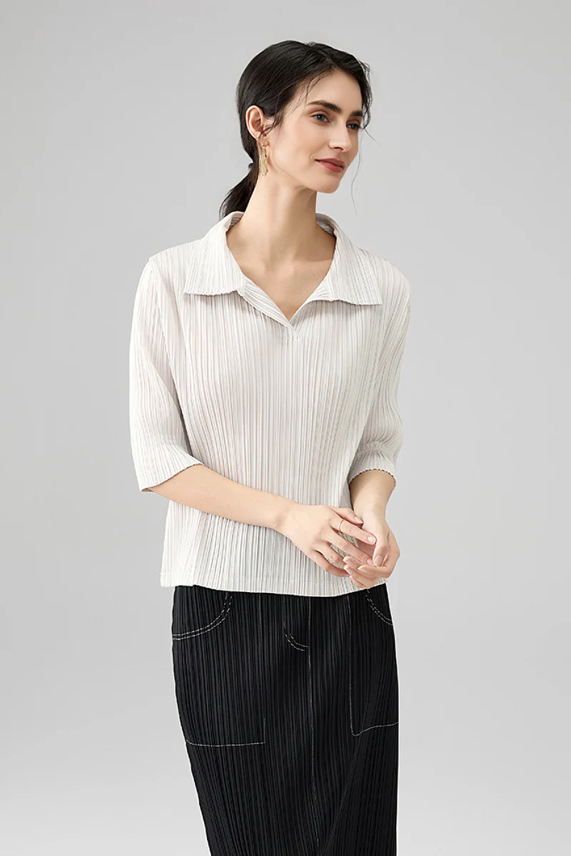 Designer-Inspired Pleated Elbow-Sleeve Polo Shirt - HBQMJX