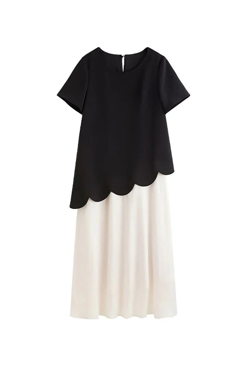 Black & White Short-Sleeve Mixed Media Midi Dress - HBQMJX