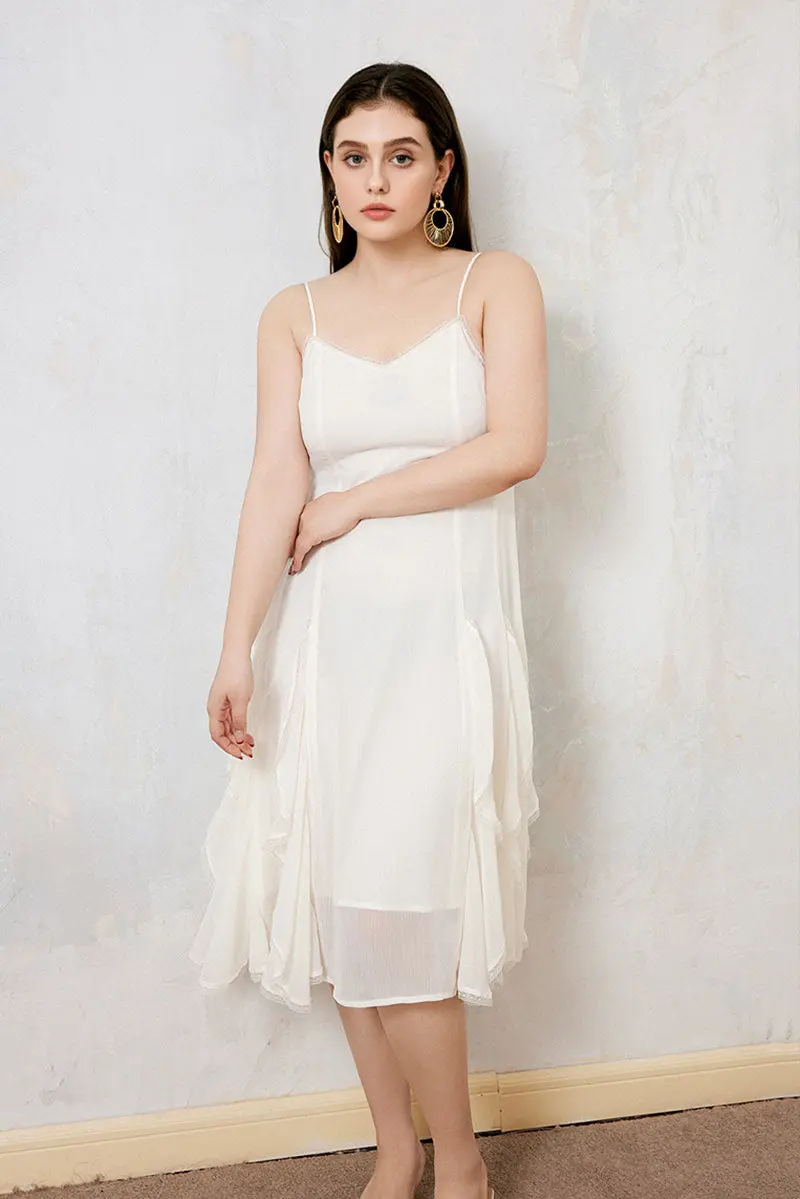 White Chiffon Spaghetti-Strap Ruffled Midi Dress with Lace Trim - HBQMJX