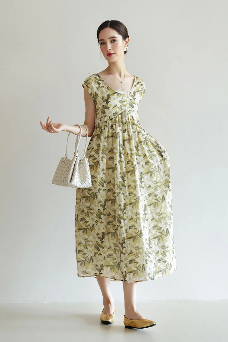 Pure Ramie Floral Sleeveless Scoop-Neck Midi Dress - HBQMJX