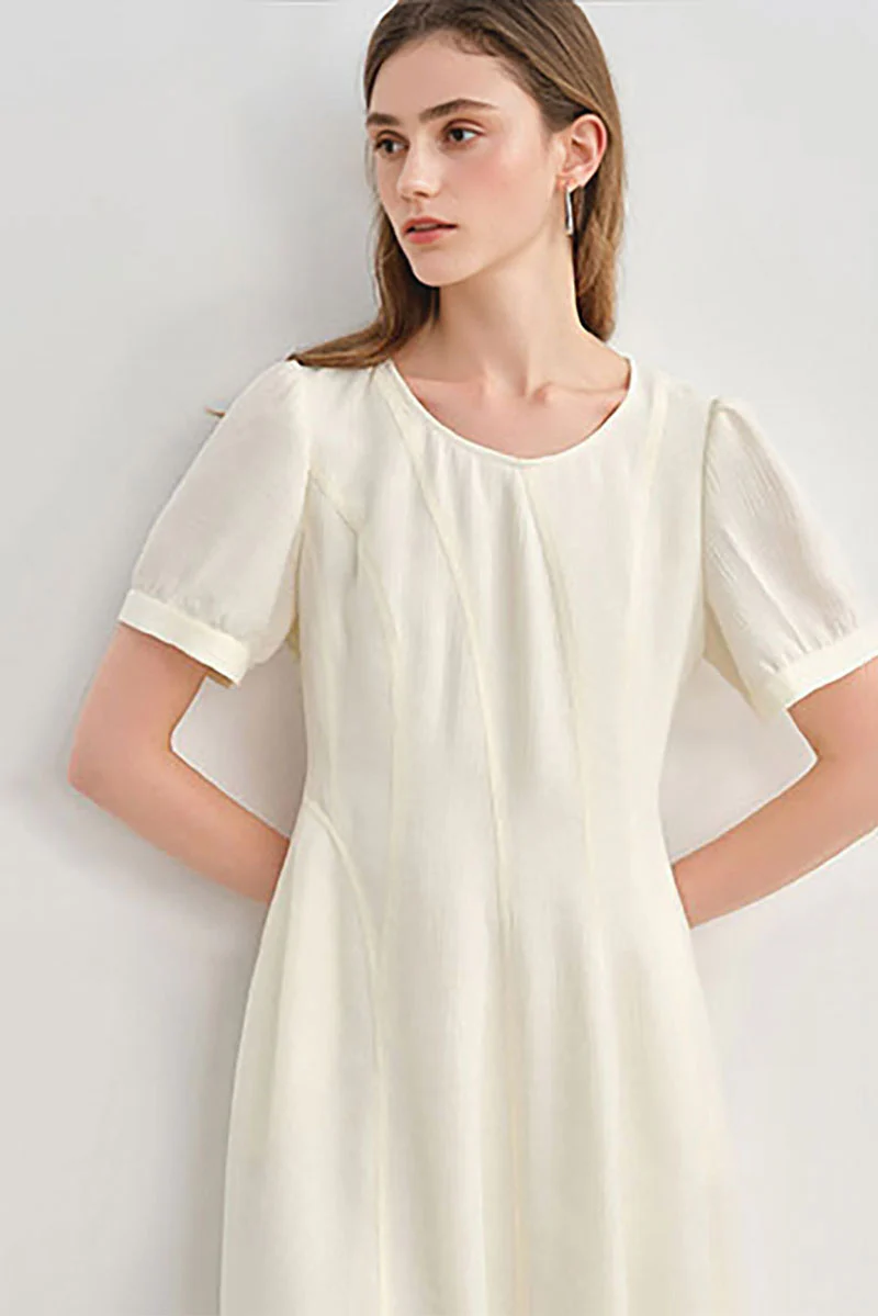 White Short-Sleeve A-Line Midi Dress - HBQMJX