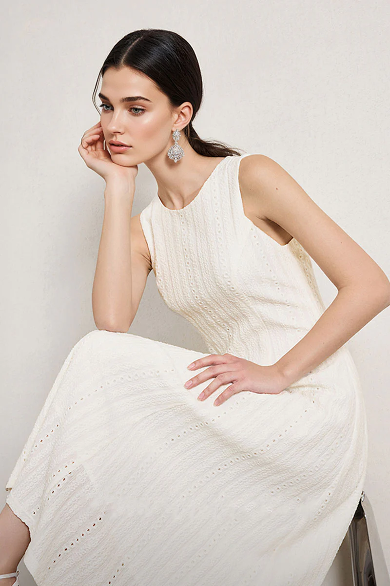 White Embroidered Lace Fit & Flare Midi Dress - HBQMJX