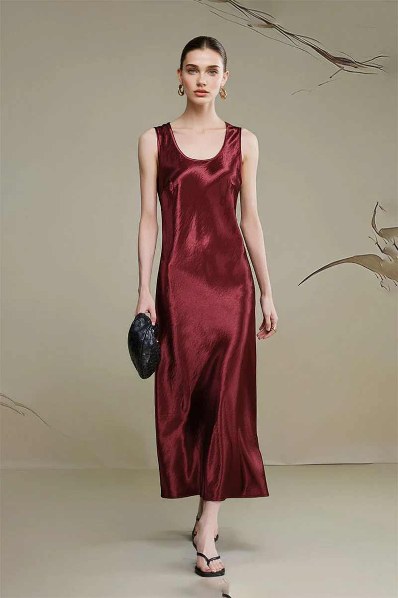 Satin Sleeveless Scoop-Neck Tank Midi Dress - HBQMJX