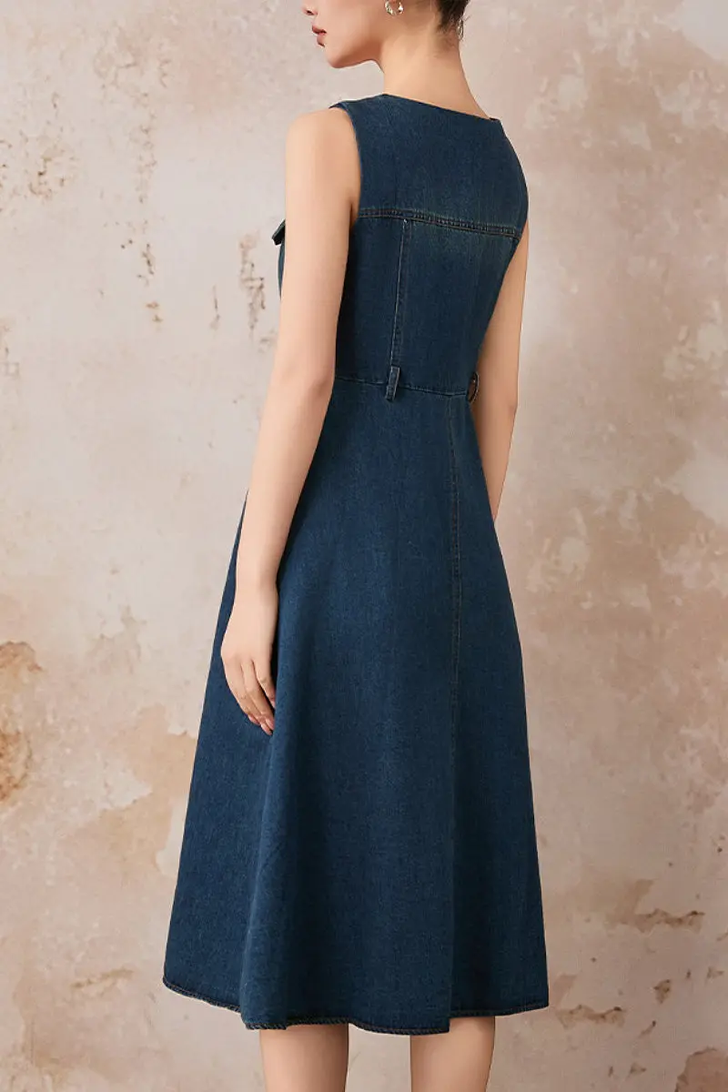 Denim Sleeveless A-Line Midi Shirt Dress - JIEEQQ