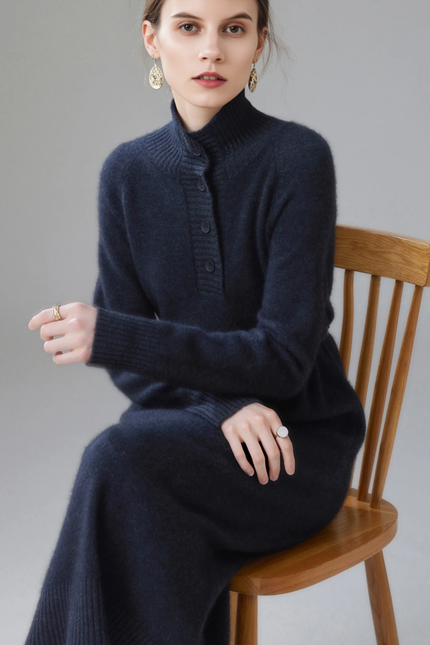 Chunky Wool Long Sleeve Turtleneck Maxi Sweater Dress - HBQMJX