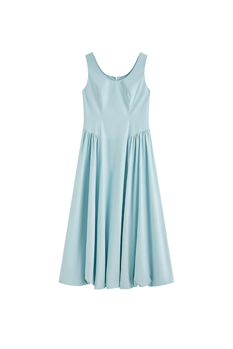 Baby Blue 100 Cotton Sleeveless Scoop-Neck Bubble Midi Dress - HBQMJX