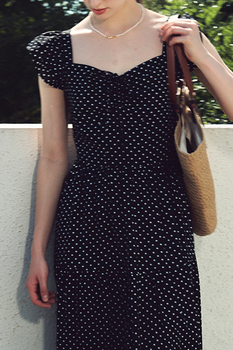 Black Polka-Dot Sweetheart Midi Dress - HBQMJX