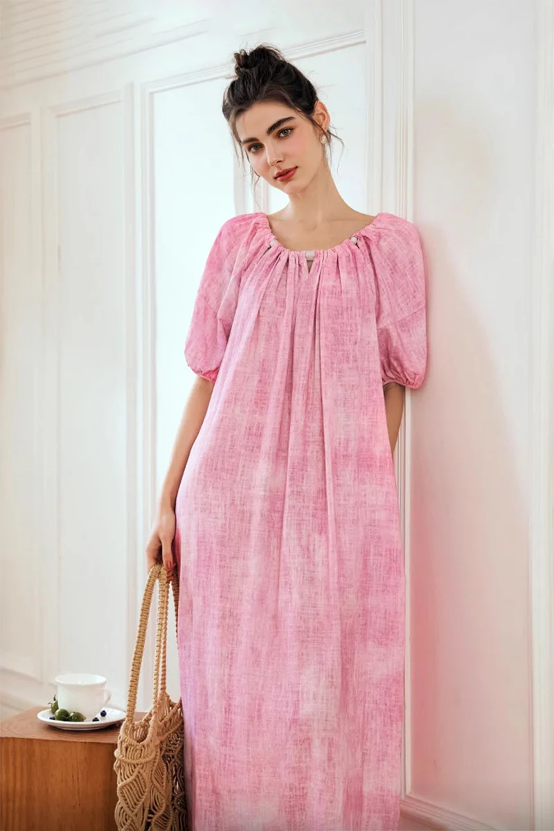 Pink Loose Puff-Sleeve Tie-Dye Midi Dress - HBQMJX