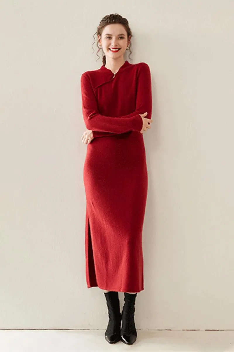 100 Cashmere Midi Sweater Dress with Mandarin-inspired Collar - HBQMJX