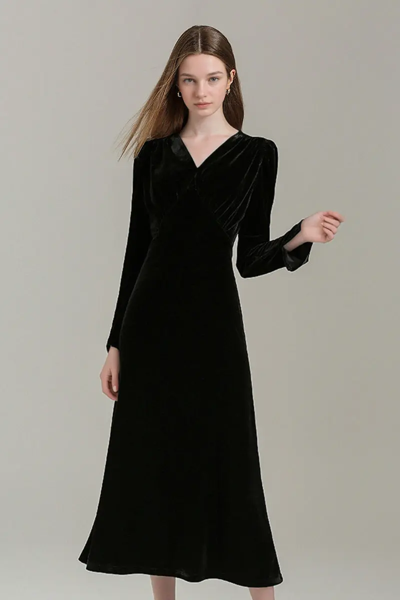 Black V Neck Long Sleeve Velvet Midi Dress with Ruched Waist - HBQMJX