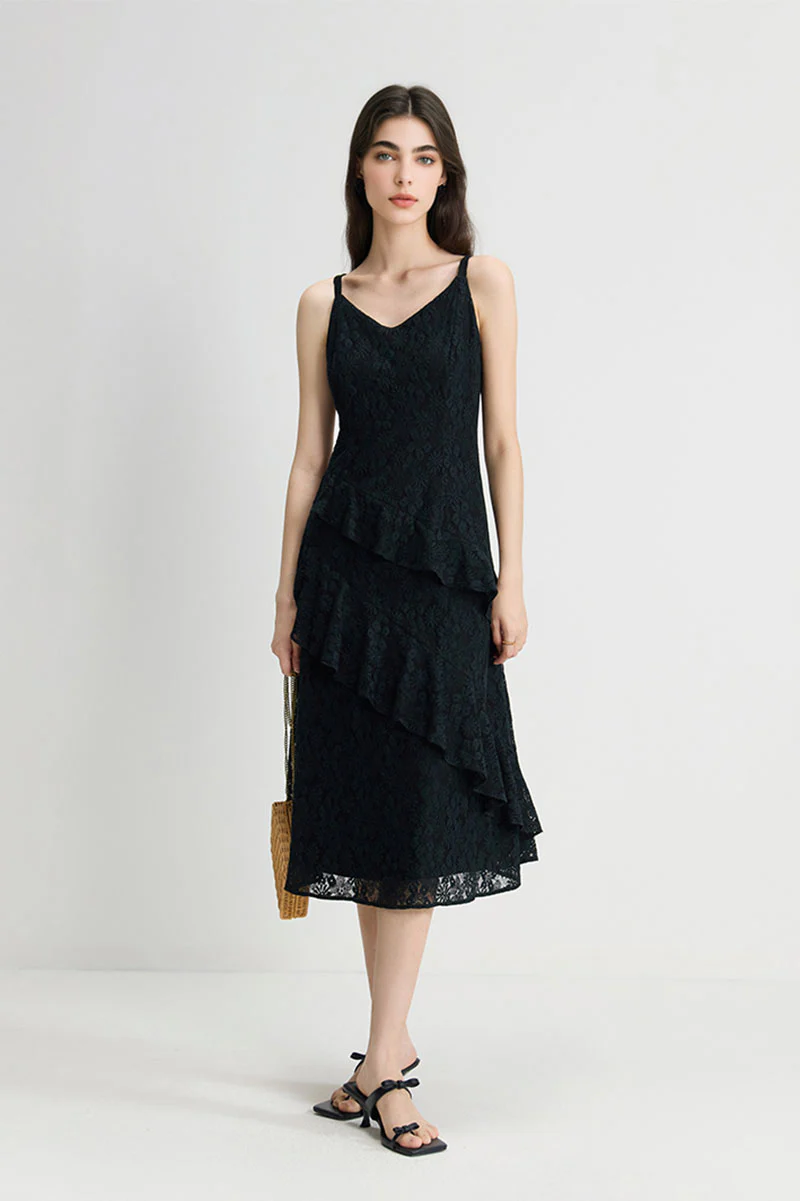 Black Lace Tiered Sleeveless V-Neck Midi Dress - HBQMJX