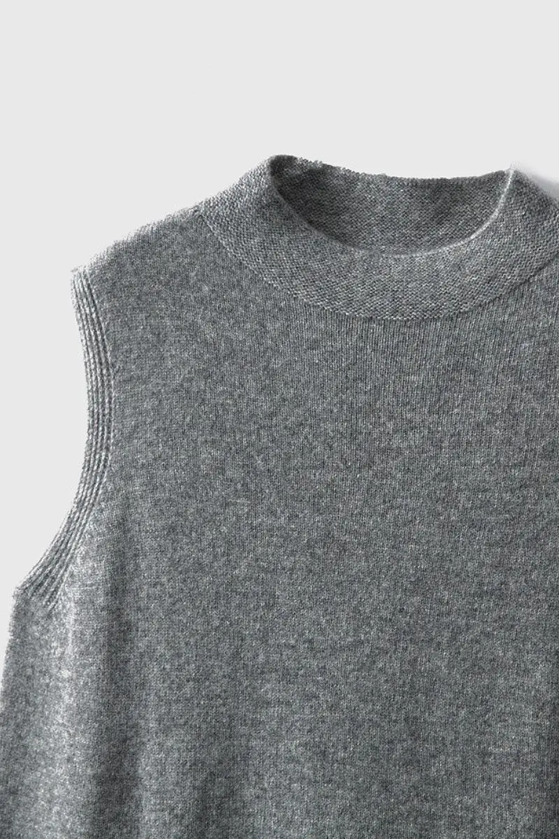 100 Wool Seamless Knit Sleeveless Midi Sweater Dress with Side Slit - HBQMJX