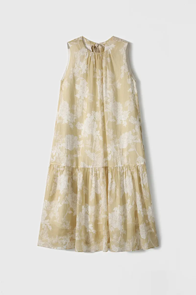 Ramie Floral Tiered Sleeveless Trapeze Midi Dress - HBQMJX