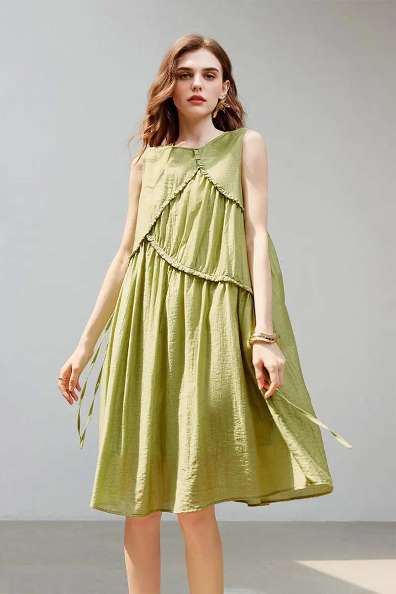 Sage Green Lyocell Sleeveless Ruffle-Detail Midi Dress - HBQMJX