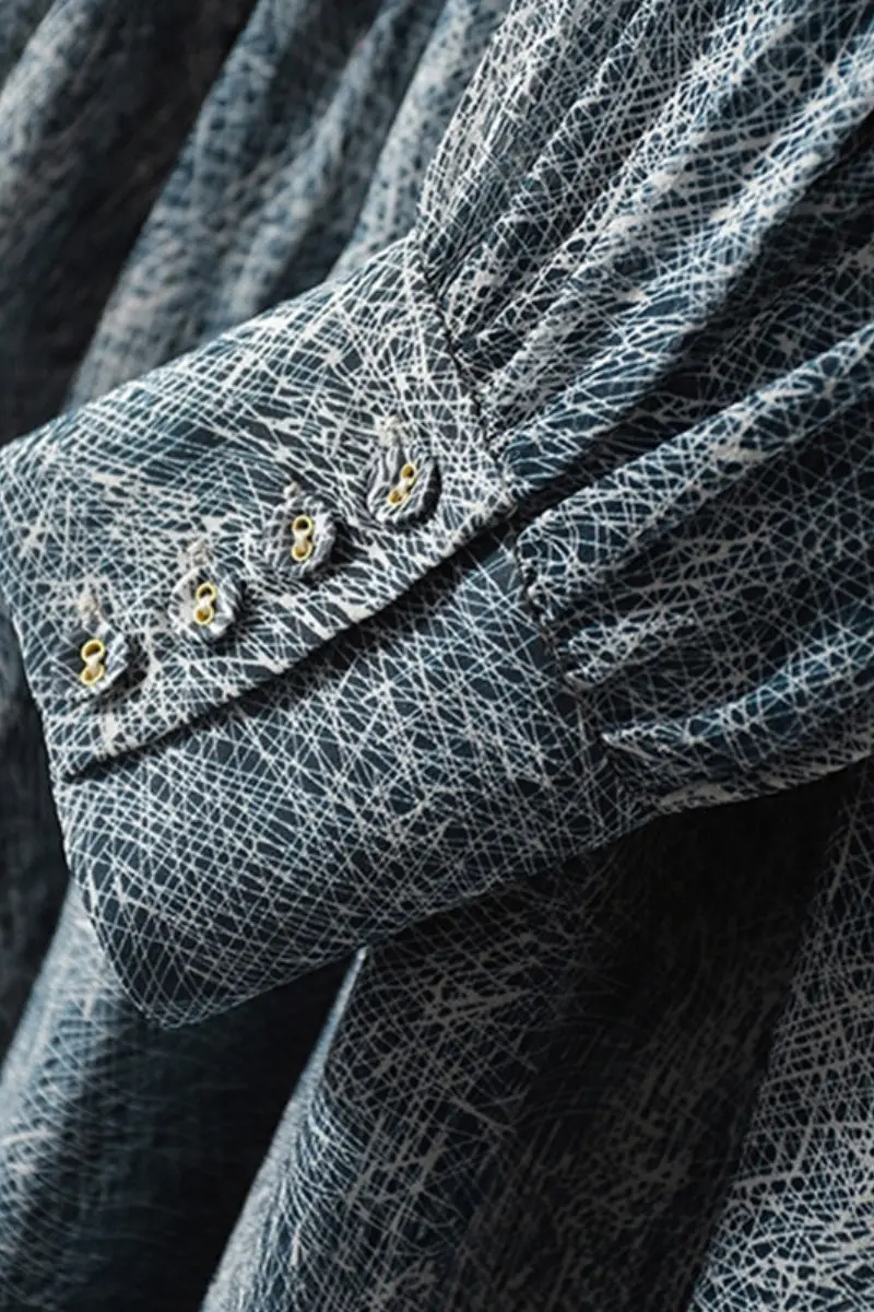 100 Mulberry Silk Blue Long-Sleeve Hand Pleated Midi Dress - HBQMJX