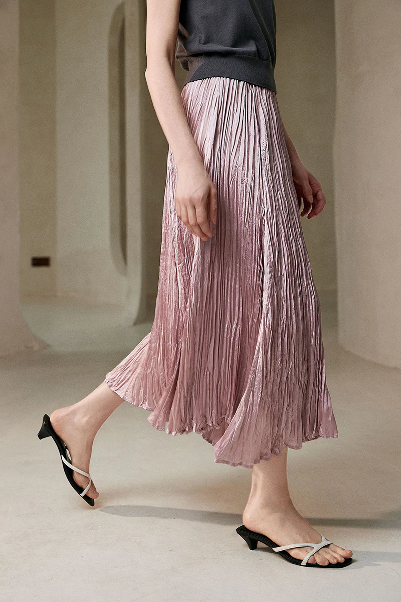 Flowy Crinkled A-line Midi Dress in Pink - HBQMJX