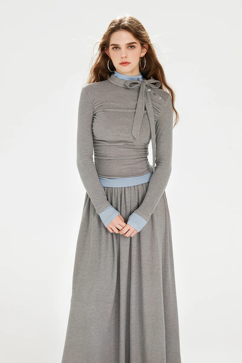 Long-Sleeve Ruched Fit & Flare Maxi Dress with Bow - HBQMJX