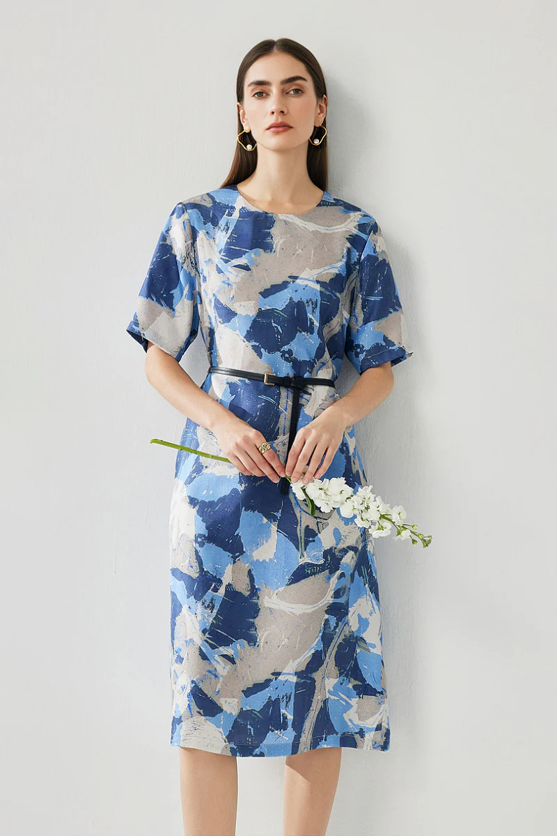 100% Silk Floral Midi Shift Dress with Pockets in Blue - HBQMJX