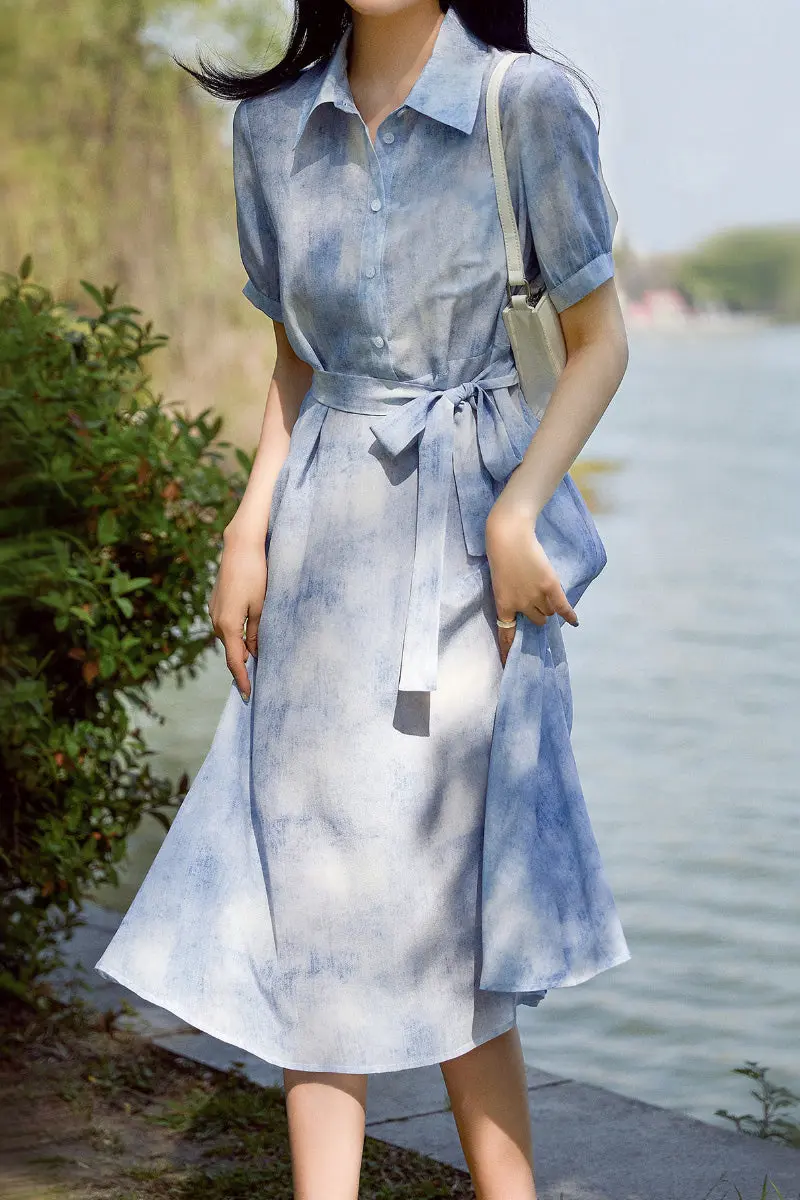 100 Mulberry Silk Blue Tie Dye Shirt Midi Dress - HBQMJX