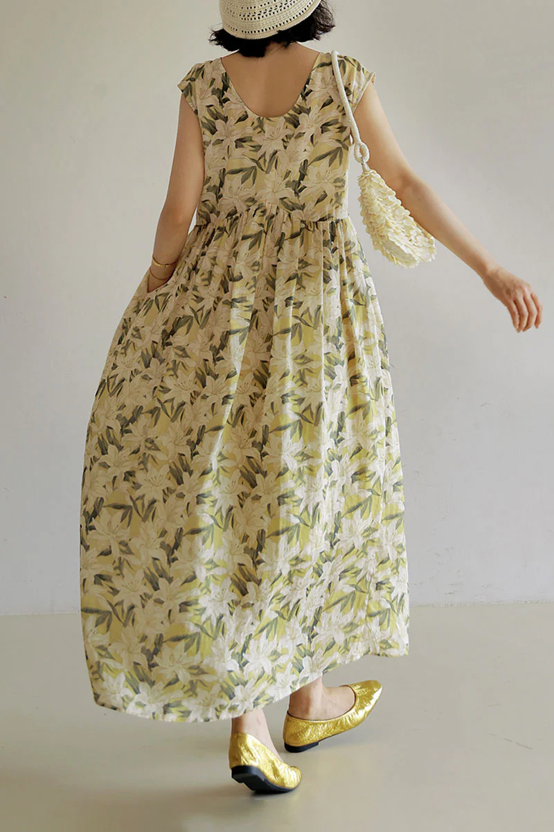 Pure Ramie Floral Sleeveless Scoop-Neck Midi Dress - HBQMJX