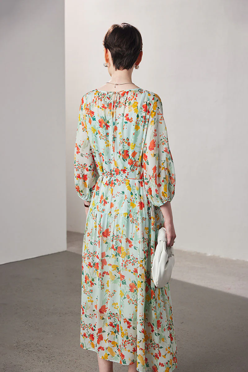 100 Mulberry Silk Floral  Balloon-Sleeve Drop Waist Midi Dress - HBQMJX