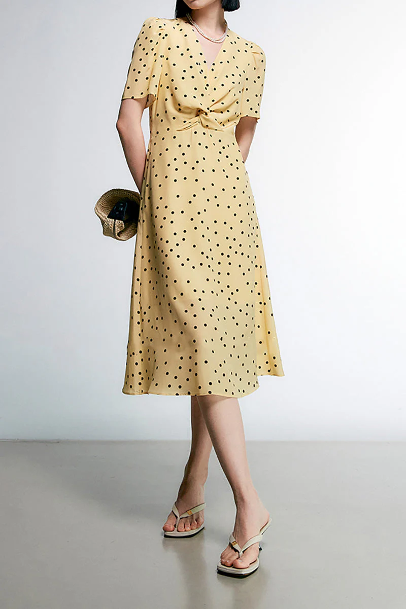 Yellow 100 Heavy Silk Crepe Polka Dot Midi Dress - HBQMJX