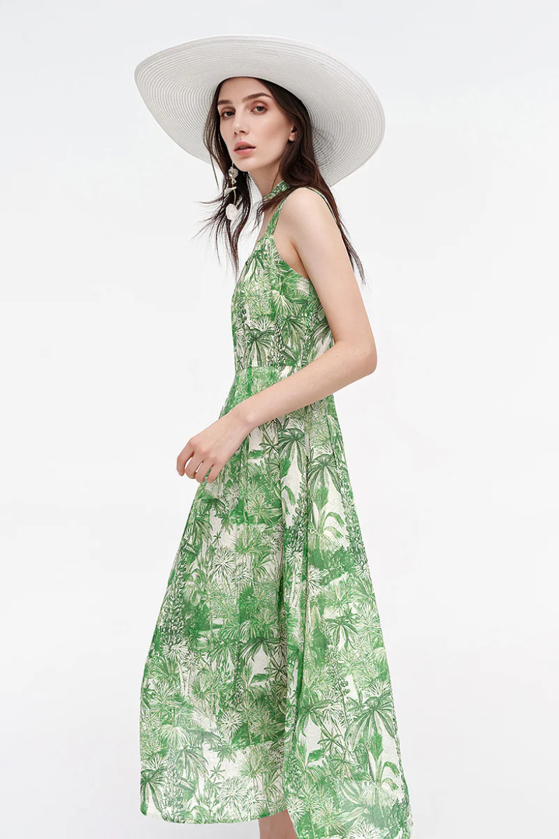 Green Floral Square-Neck Sleeveless Midi Dress - HBQMJX