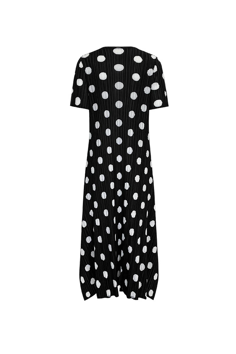 Designer Inspired Pleated Polka Dot Midi Dress - HBQMJX