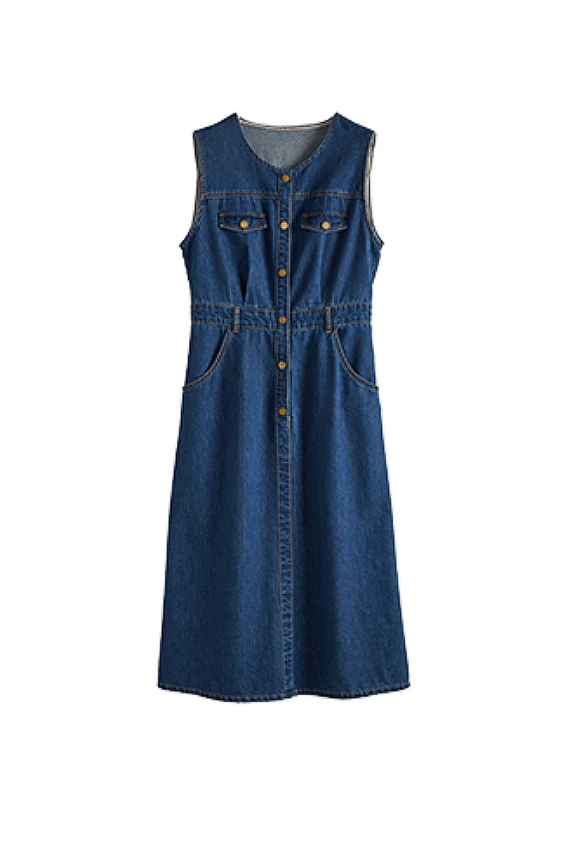 Denim Sleeveless A-Line Midi Shirt Dress - JIEEQQ