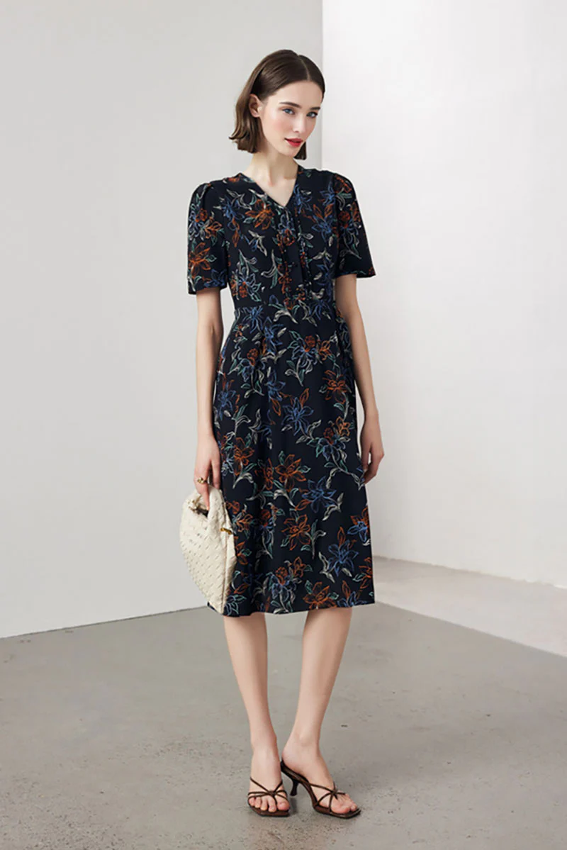 100 Mulberry Silk Floral A-Line Short-Sleeve V-Neck Midi Dress - HBQMJX