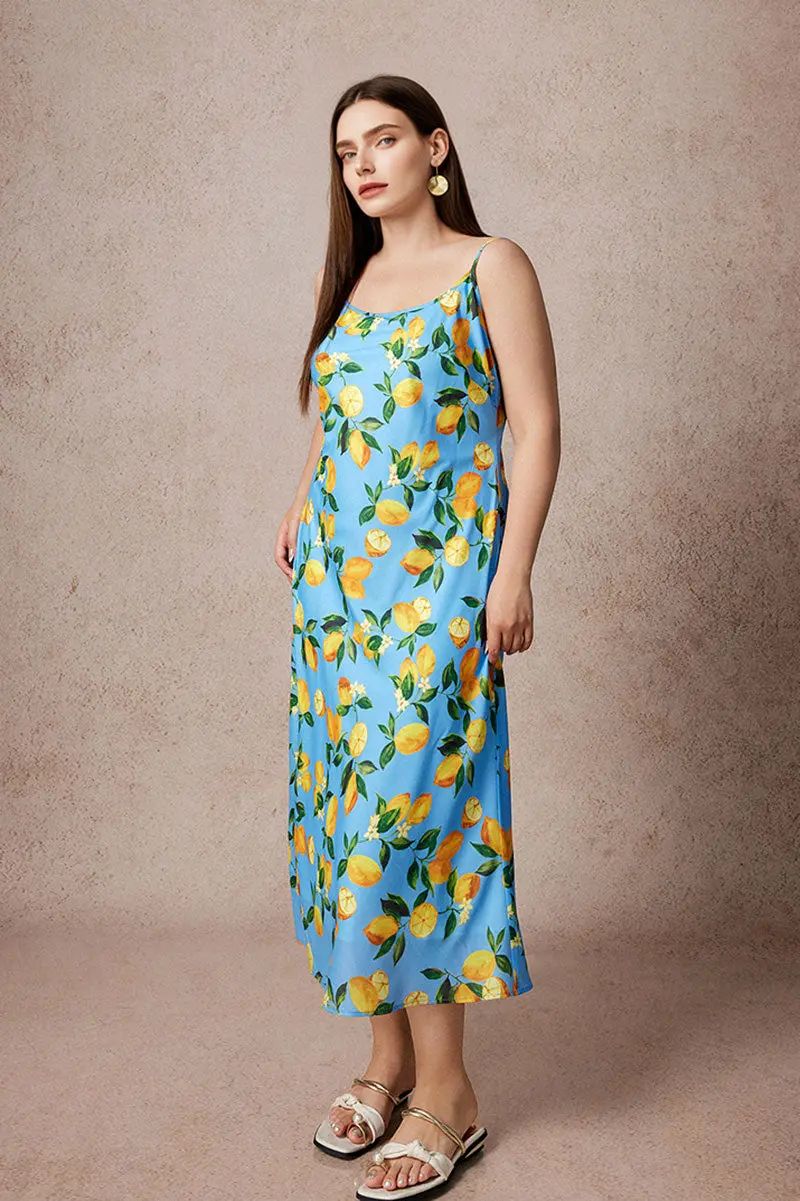 Blue Lemon Print Midi Slip Dress - HBQMJX