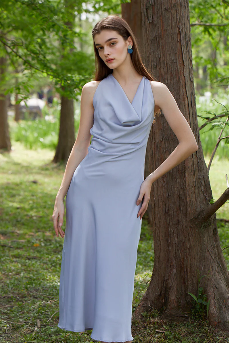 Dusty Blue Cowl-Neck Sleeveless Midi Dress - HBQMJX