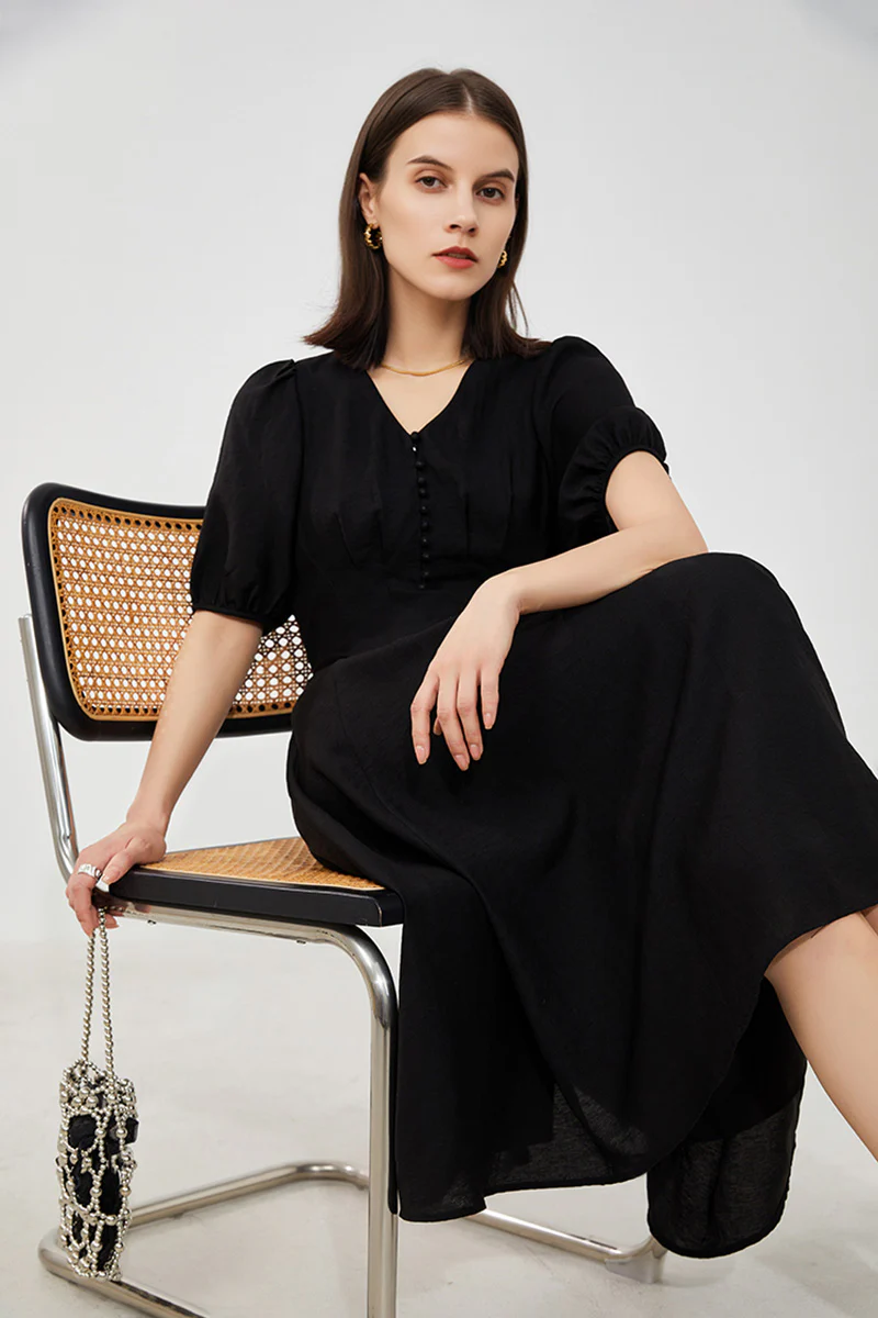 Black V-Neck A-Line Midi Dress - HBQMJX