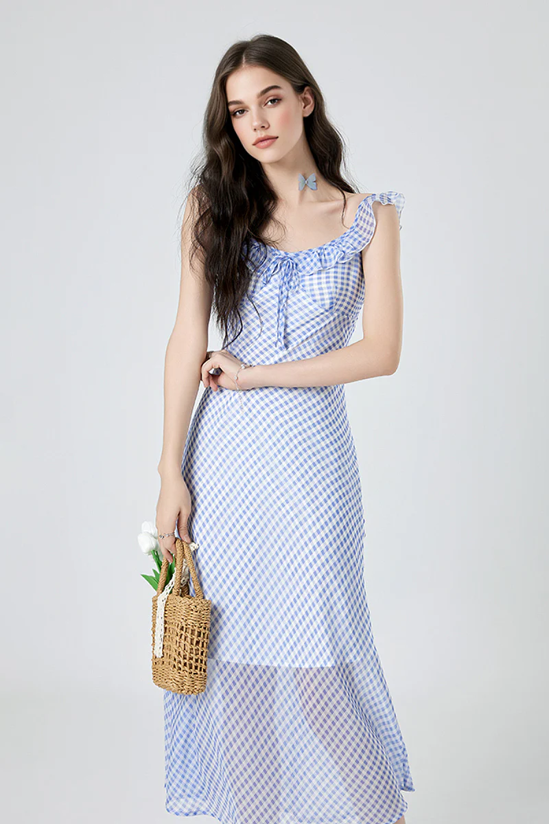 Picnic Gingham Tie-Front Ruffle-Neck Midi Dress - HBQMJX