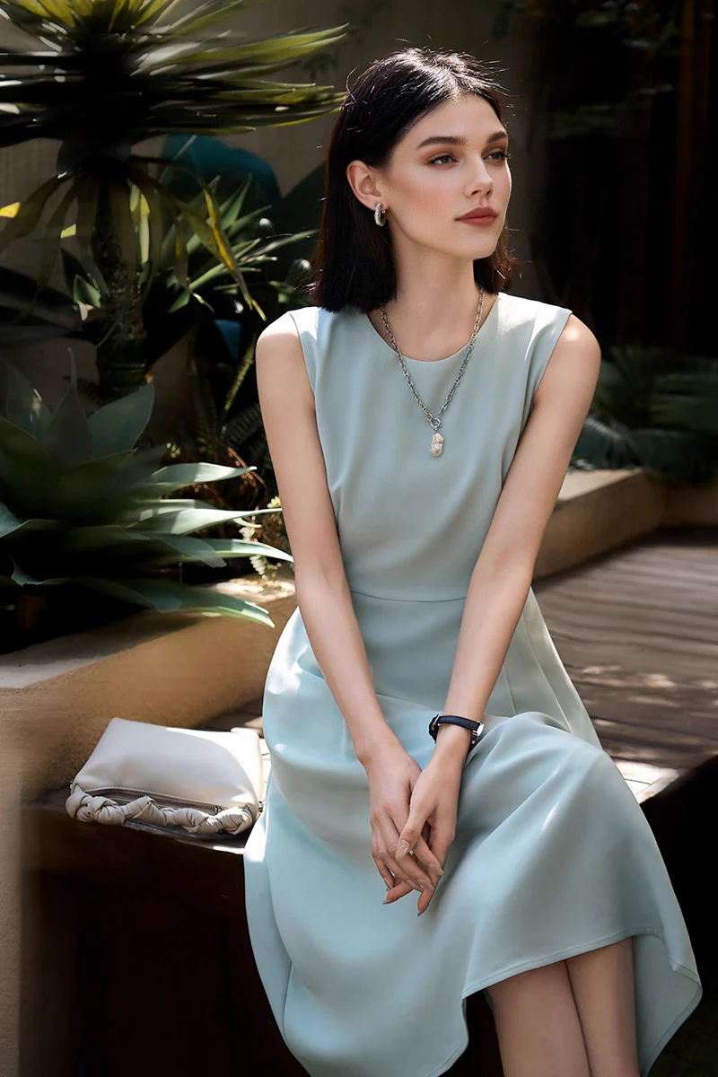 Elegant Acetate Sleeveless Fit & Flare Midi Dress - HBQMJX