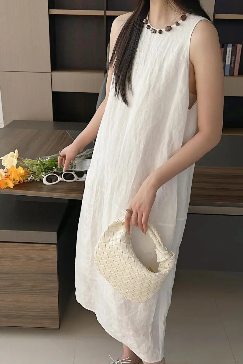 100 Linen Sleeveless Midi Dress With Back Slit - HBQMJX