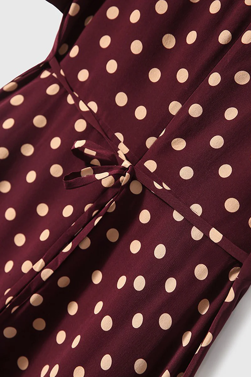 100 Mulberry Silk Red Polka-Dot Midi Tea Dress - HBQMJX