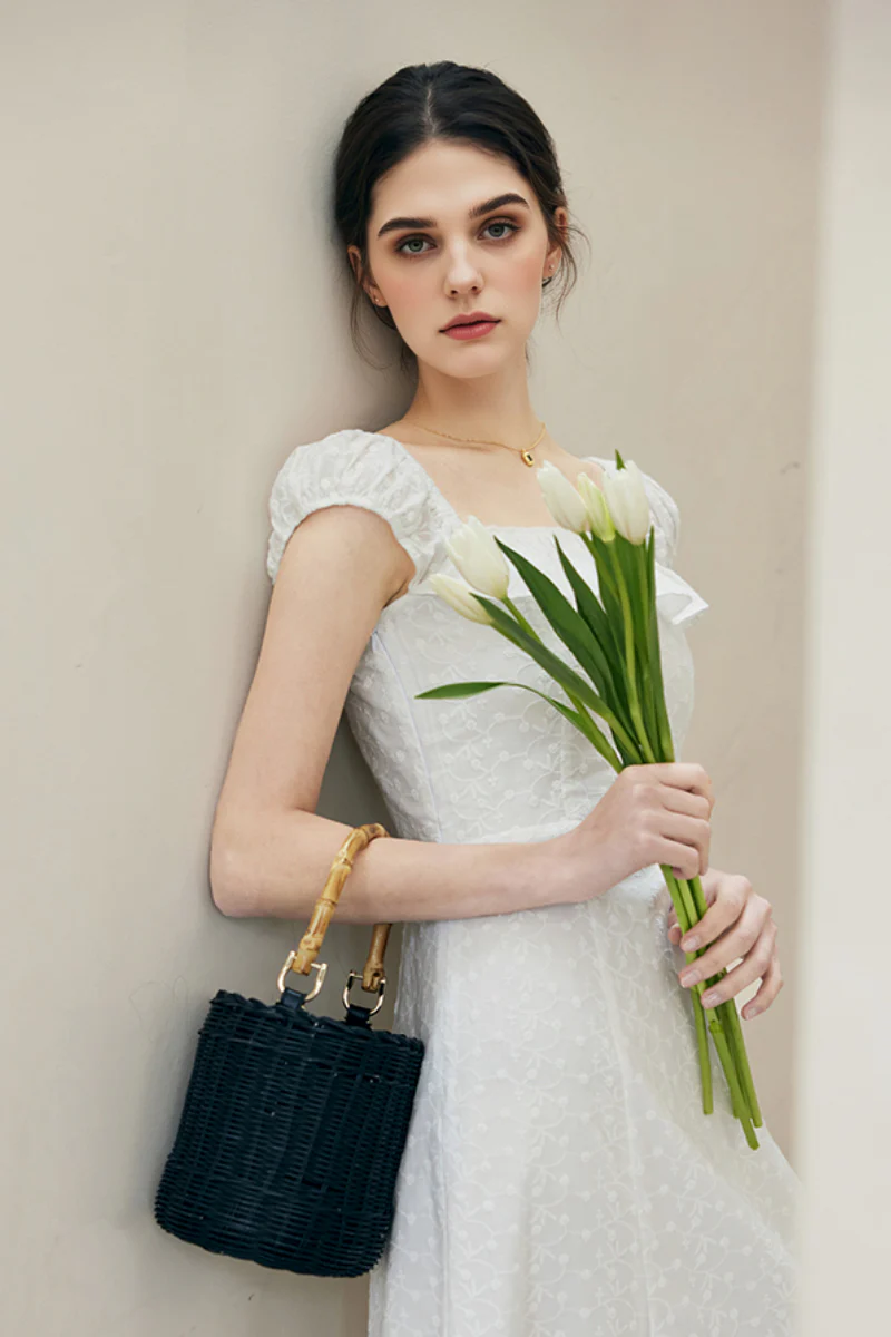 White Cotton Embroidery Off-Shoulder Midi Dress - HBQMJX