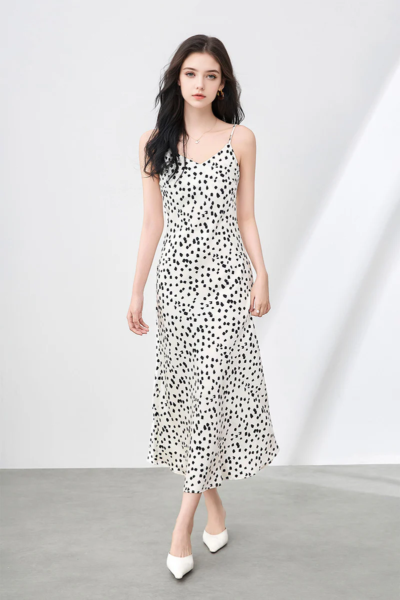 Satin Printed V-Neck Midi Slip Dress - HBQMJX