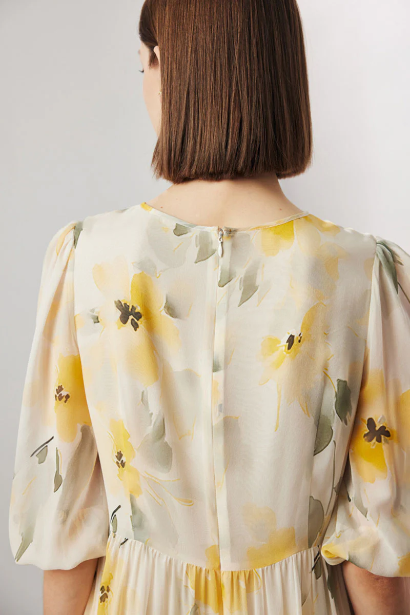 100 Mulberry Silk Floral Balloon-Sleeve Keyhole Tiered Midi Dress - HBQMJX